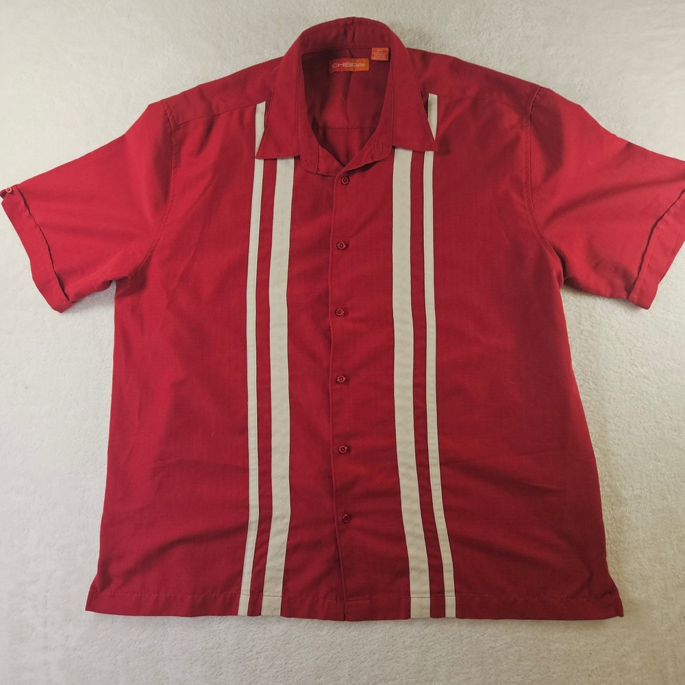 Chispa Mens XXL Red Bowling Shirt Vertical Stripes Short Sleeve Camp Button Down